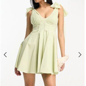 Asos bow shoulder mini dress with pleat waist in sage size 4